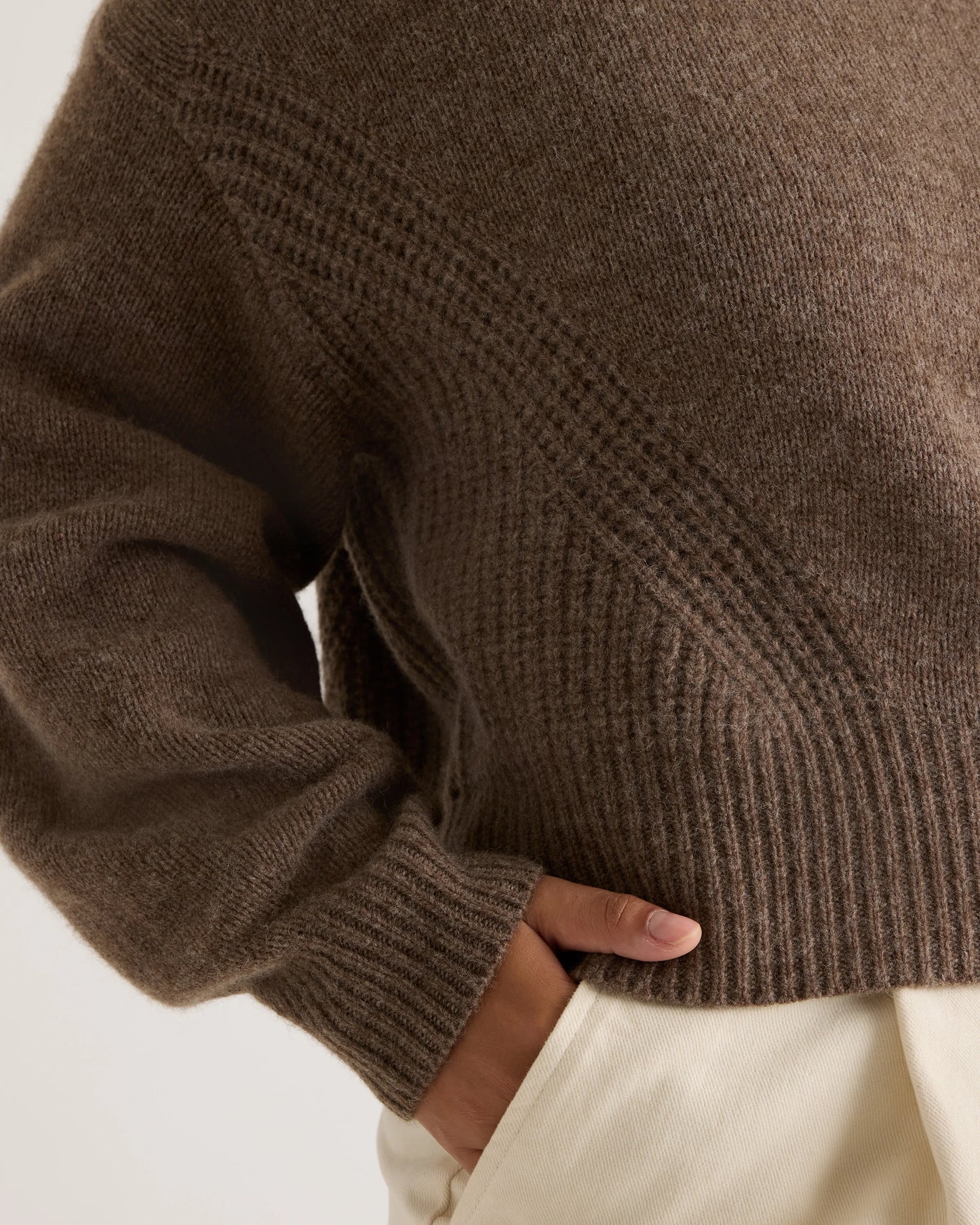 100% Yak Wool Pointelle Detail Relaxed Crew - XS / Heather Brown