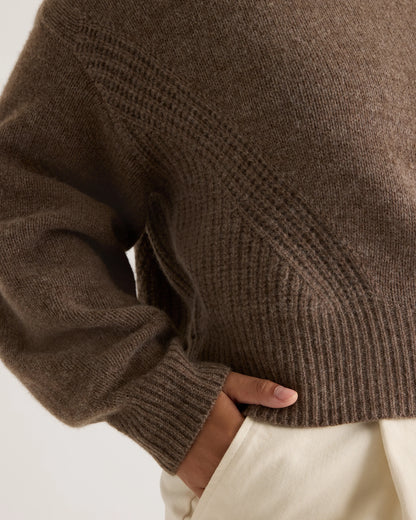 100% Yak Wool Pointelle Detail Relaxed Crew - XS / Heather Brown