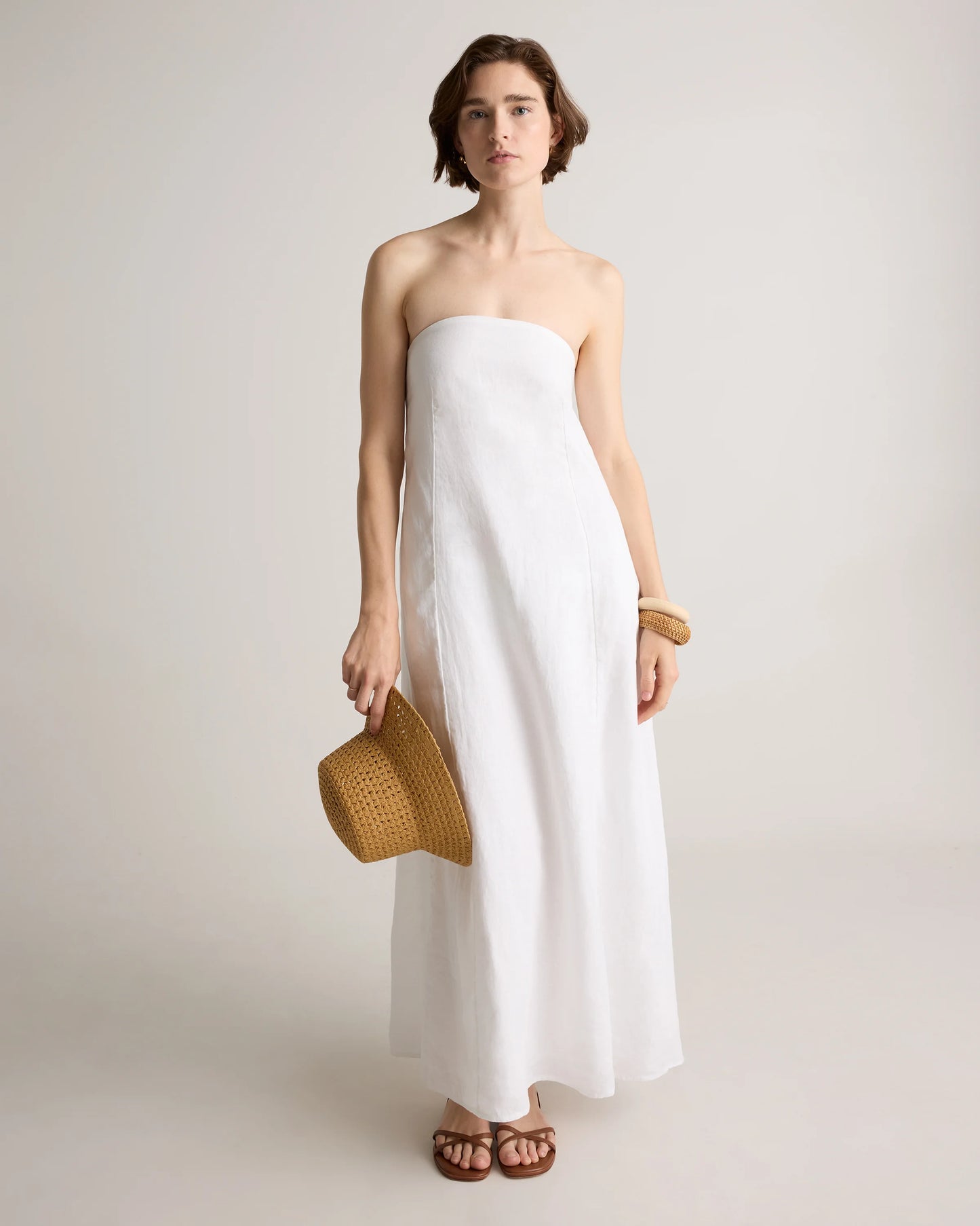 100% European Linen Strapless Maxi Dress - XS / Brick Red Heirloom Floral