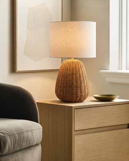 Natural Rattan Table Lamp with Linen Shade - One Size / Light Brown