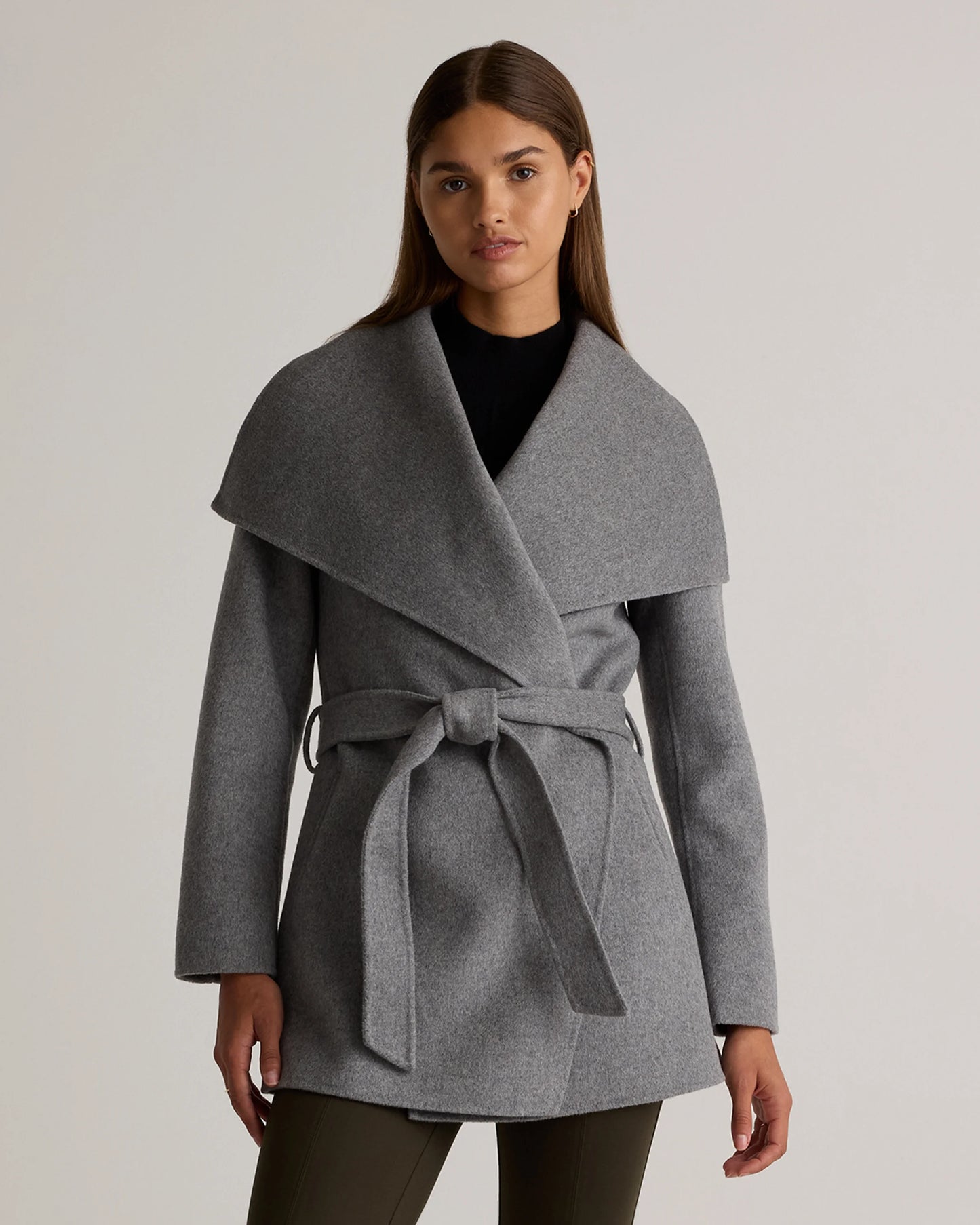 Double-Faced Merino Wool Draped Collar Short Wrap Coat - XS / Cocoa Melange