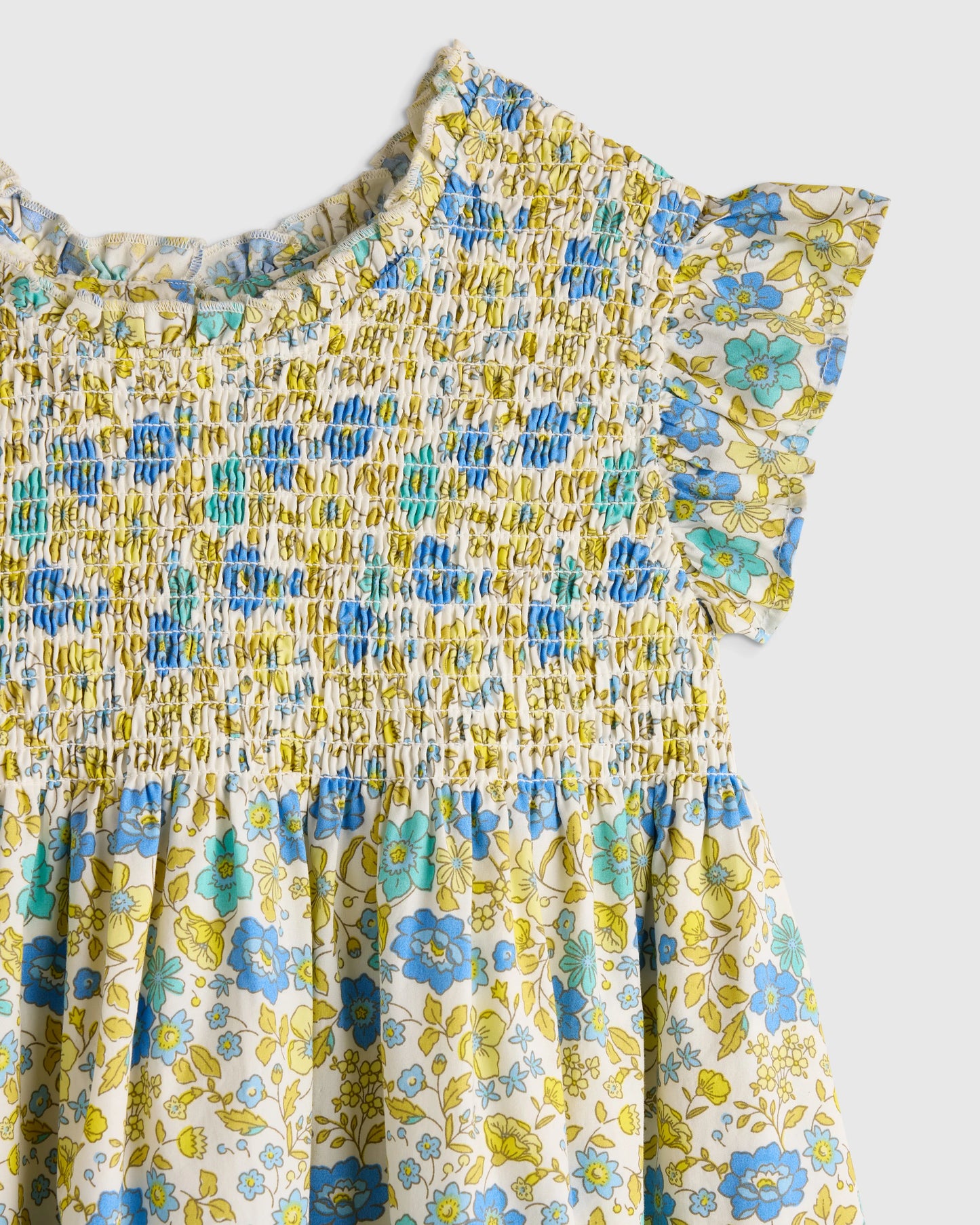 100% Organic Cotton Poplin Smocked Flutter Sleeve Dress - 2T / Blue Ditsy Floral