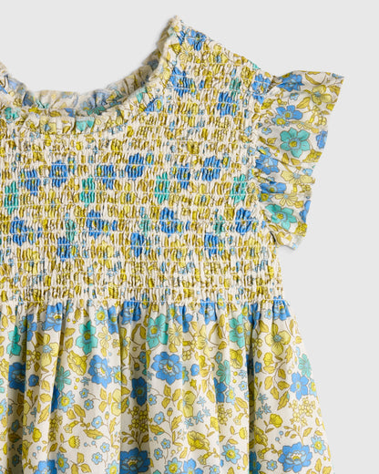 100% Organic Cotton Poplin Smocked Flutter Sleeve Dress - 6 / Blue Ditsy Floral