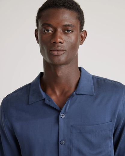 100% Washable Silk Button Down Pant Set - S / Indigo