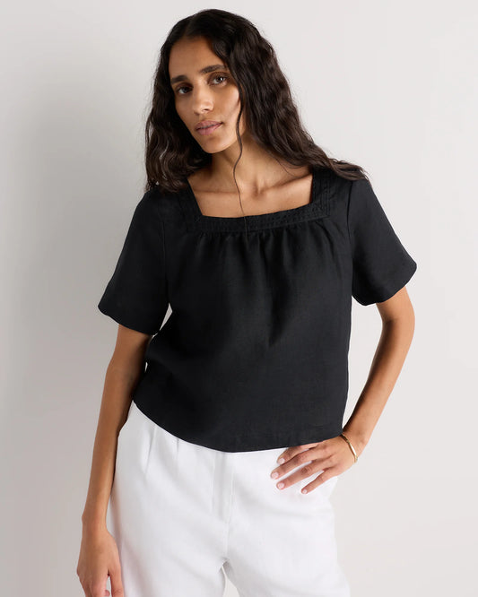 100% European Linen Square Neck Swing Top - XS / Black