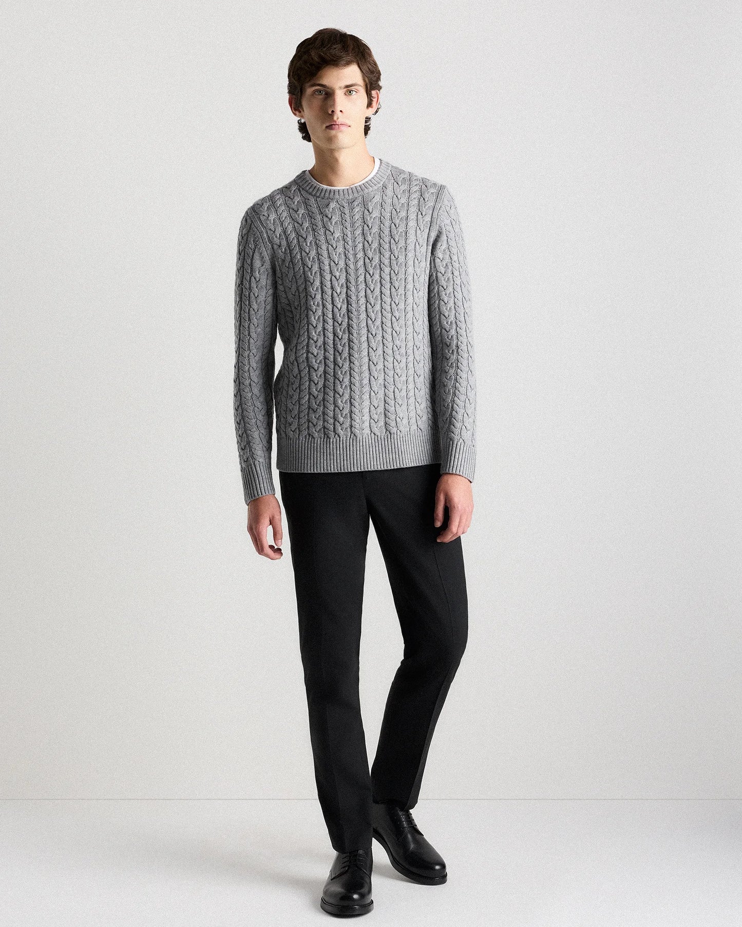Australian Merino Wool Cable Crewneck Sweater - S / Heather Grey
