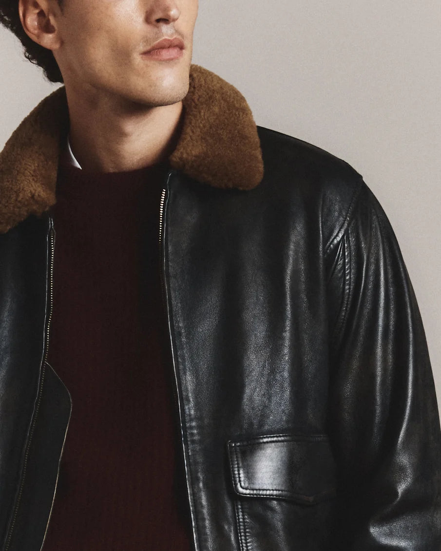Shearling Collar Leather Flight Jacket - S / True Black