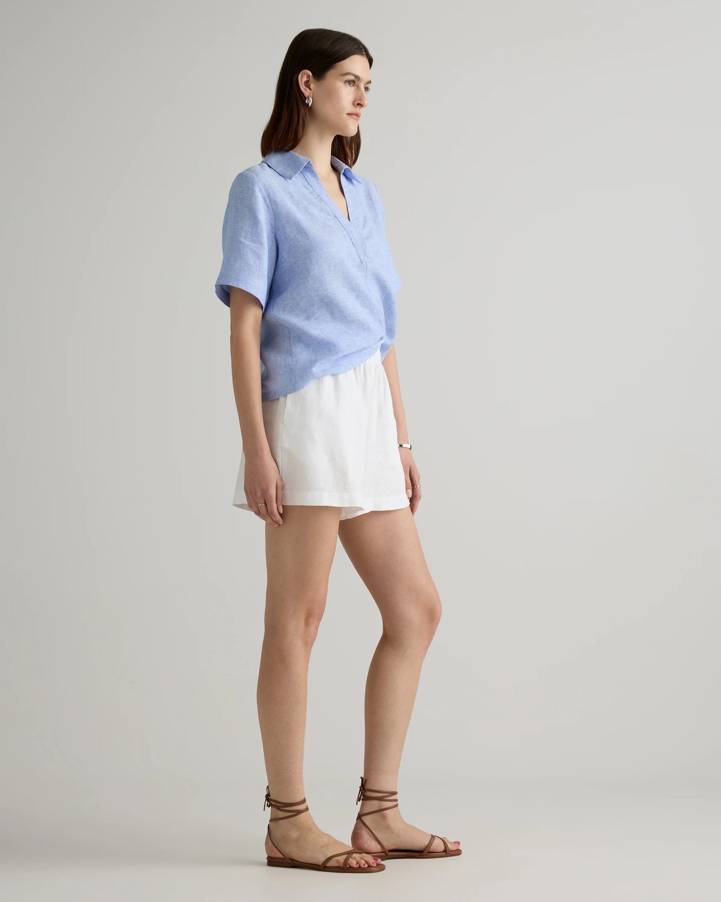 100% European Linen Short Sleeve Popover Top - XS / Blue Pinstripe