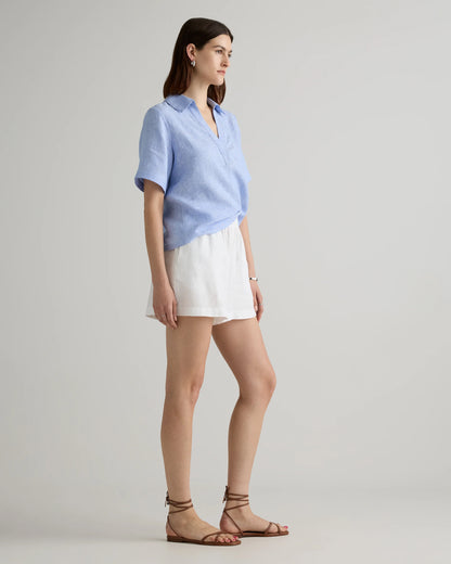 100% European Linen Short Sleeve Popover Top - XS / Blue Pinstripe
