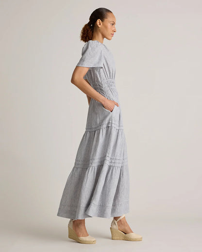 100% European Linen Tiered Maxi Dress - XS / Deep Navy