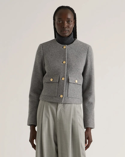 100% Merino Wool Collarless Cropped Jacket - XS / Heather Bone
