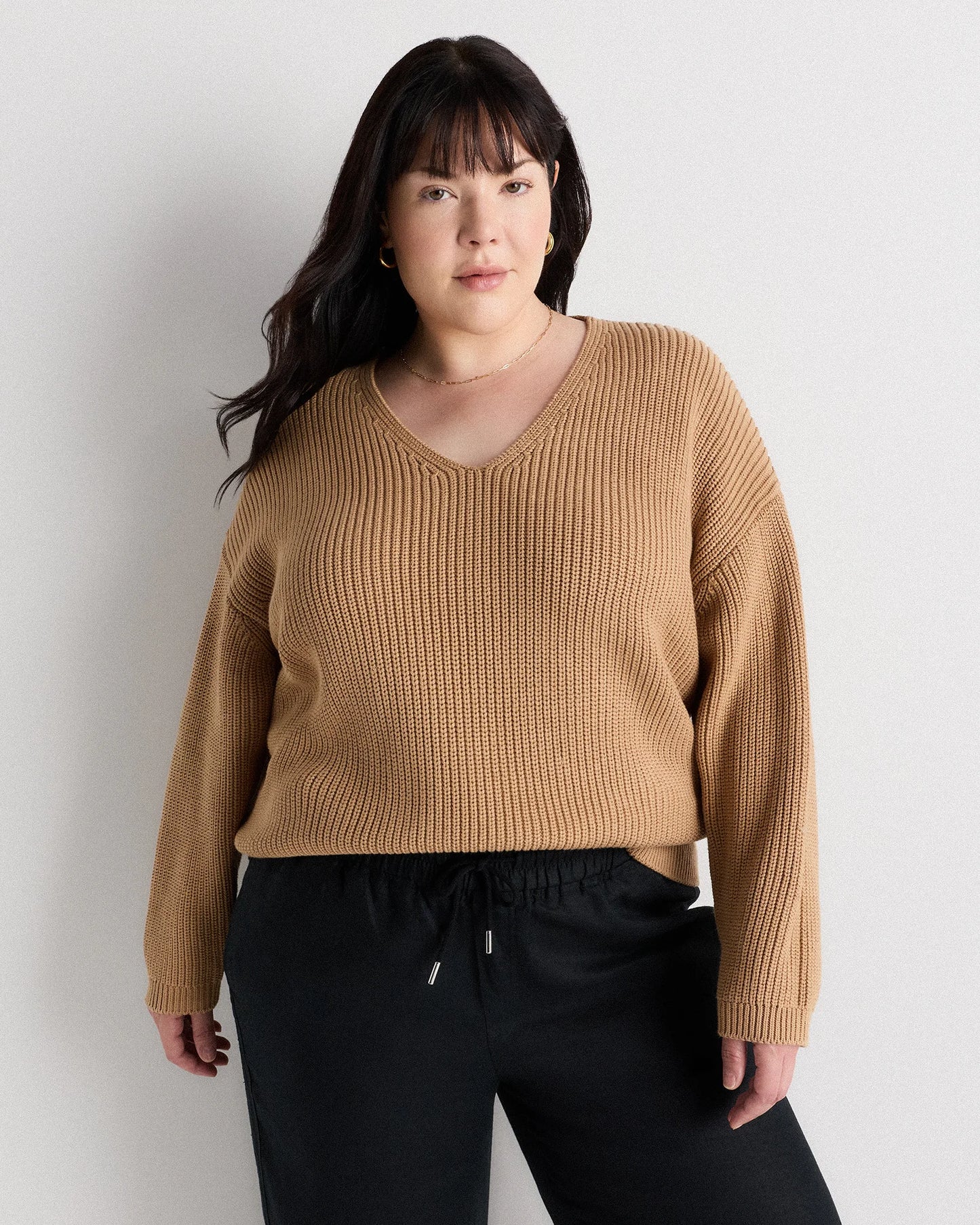 100% Organic Cotton Fisherman V-Neck Sweater - 1X / Speckled Beige
