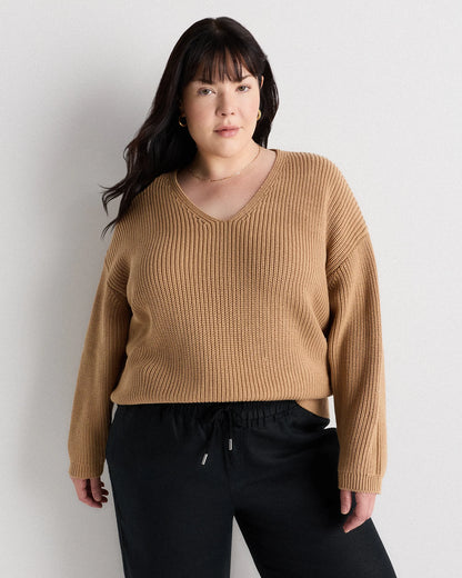 100% Organic Cotton Fisherman V-Neck Sweater - 1X / Speckled Beige