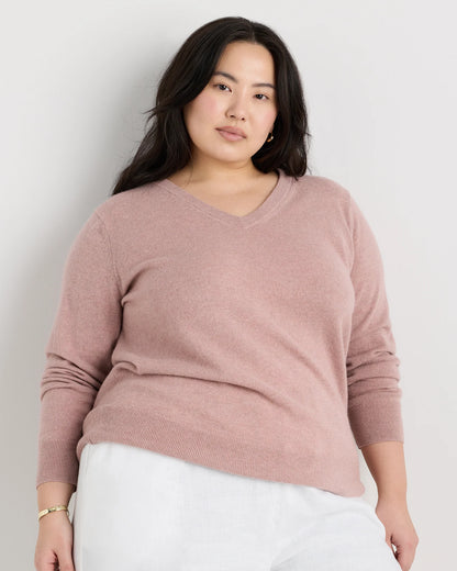 Mongolian Cashmere V-Neck Sweater - 1X / Heather Vintage Pink