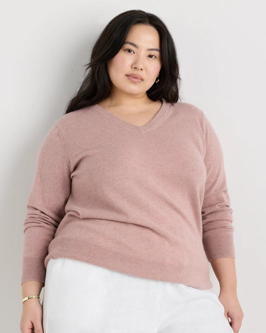 Mongolian Cashmere V-Neck Sweater - 1X / Heather Vintage Pink
