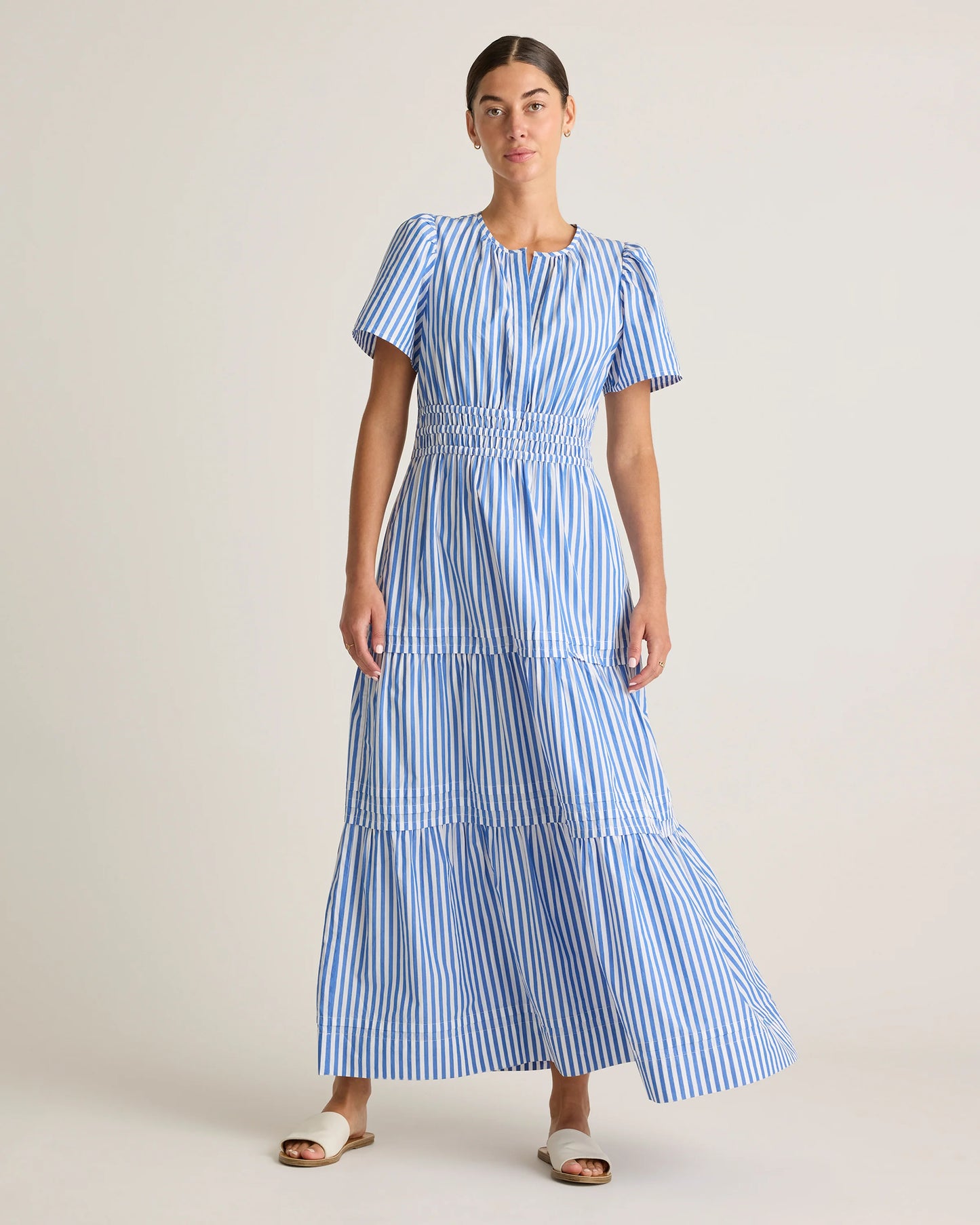 100% Organic Cotton Poplin Tiered Maxi Dress - XS / Riviera Blue Heirloom Floral