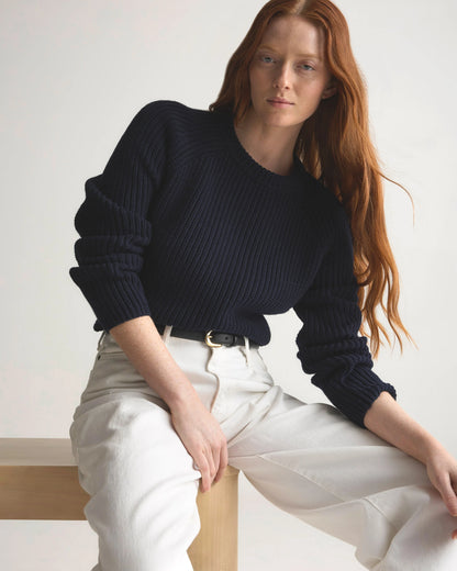 100% Organic Cotton Fisherman Crew Sweater - XS / Sapphire Blue