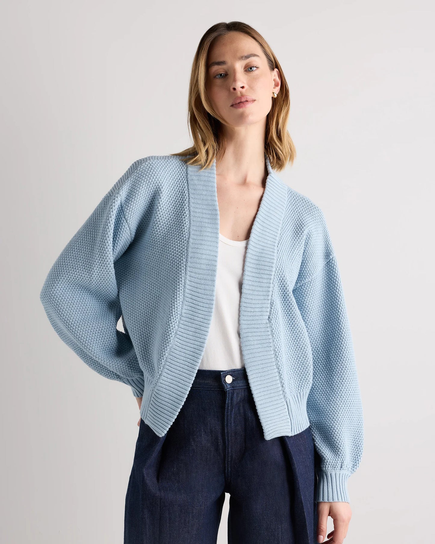 100% Organic Cotton Waffle Stitch Open Cardigan - XS / Sky Blue