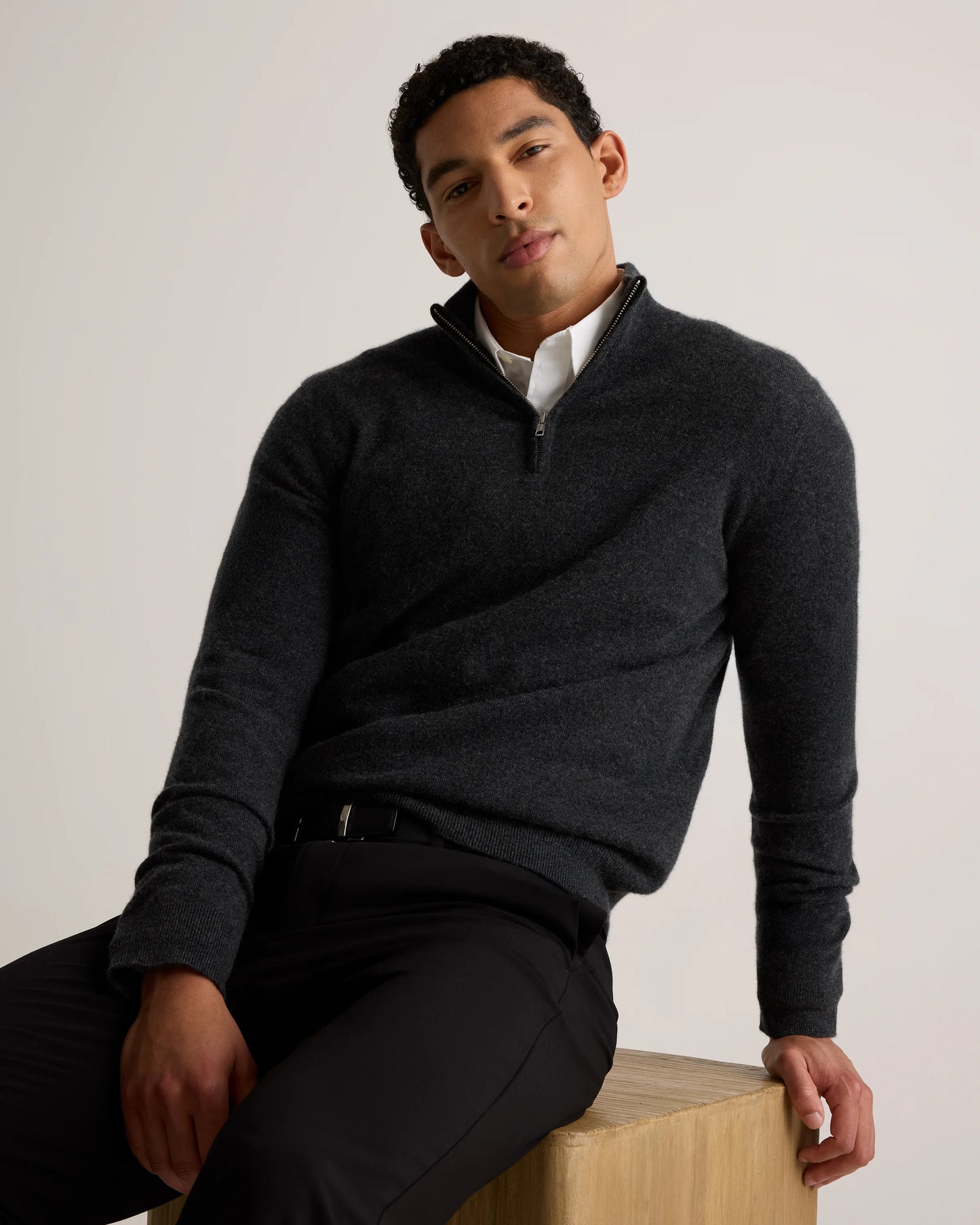 Mongolian Cashmere Quarter Zip Sweater - S / Olive Twist