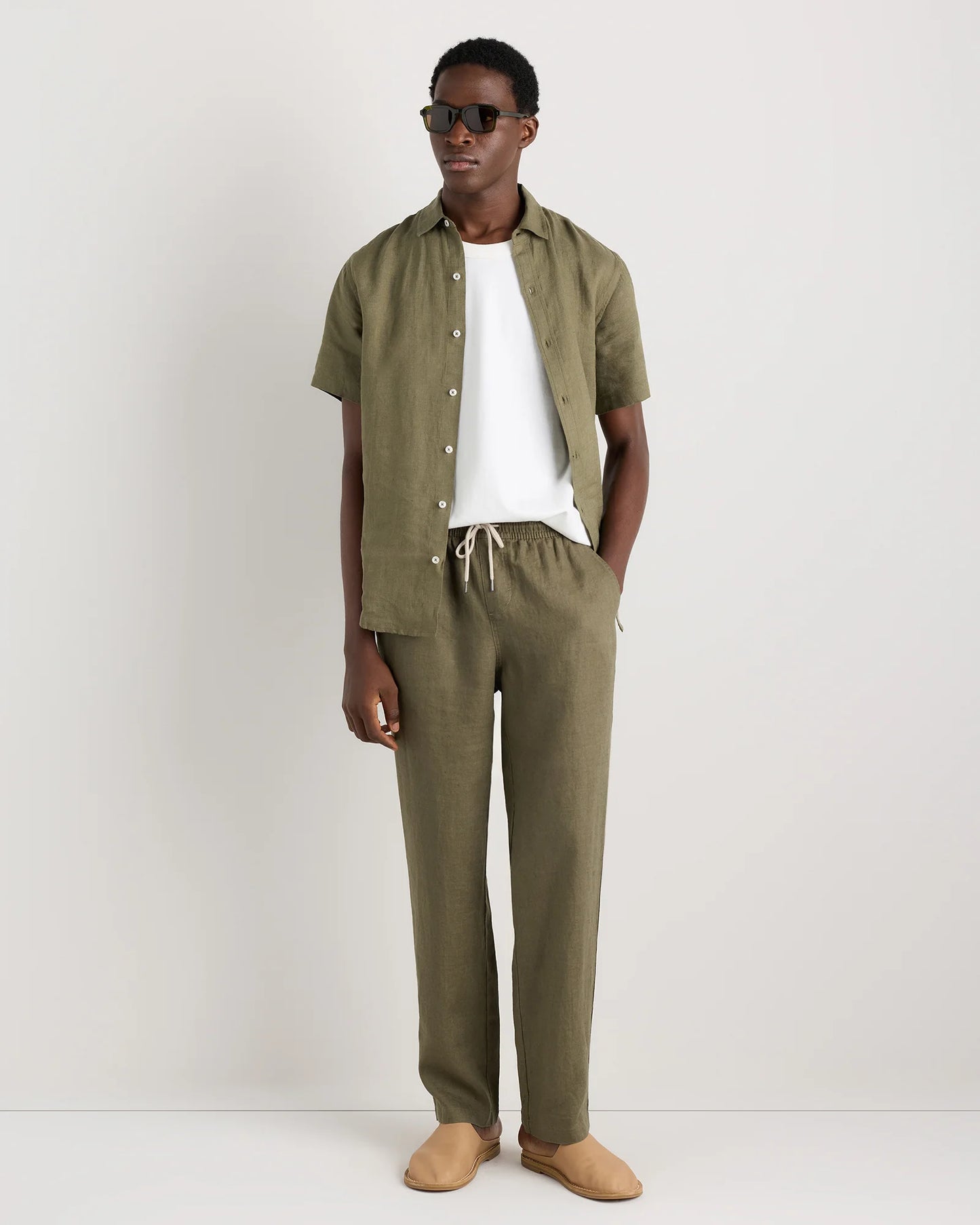 100% European Linen Drawstring Beach Pants - XS / Taupe Brown Chambray