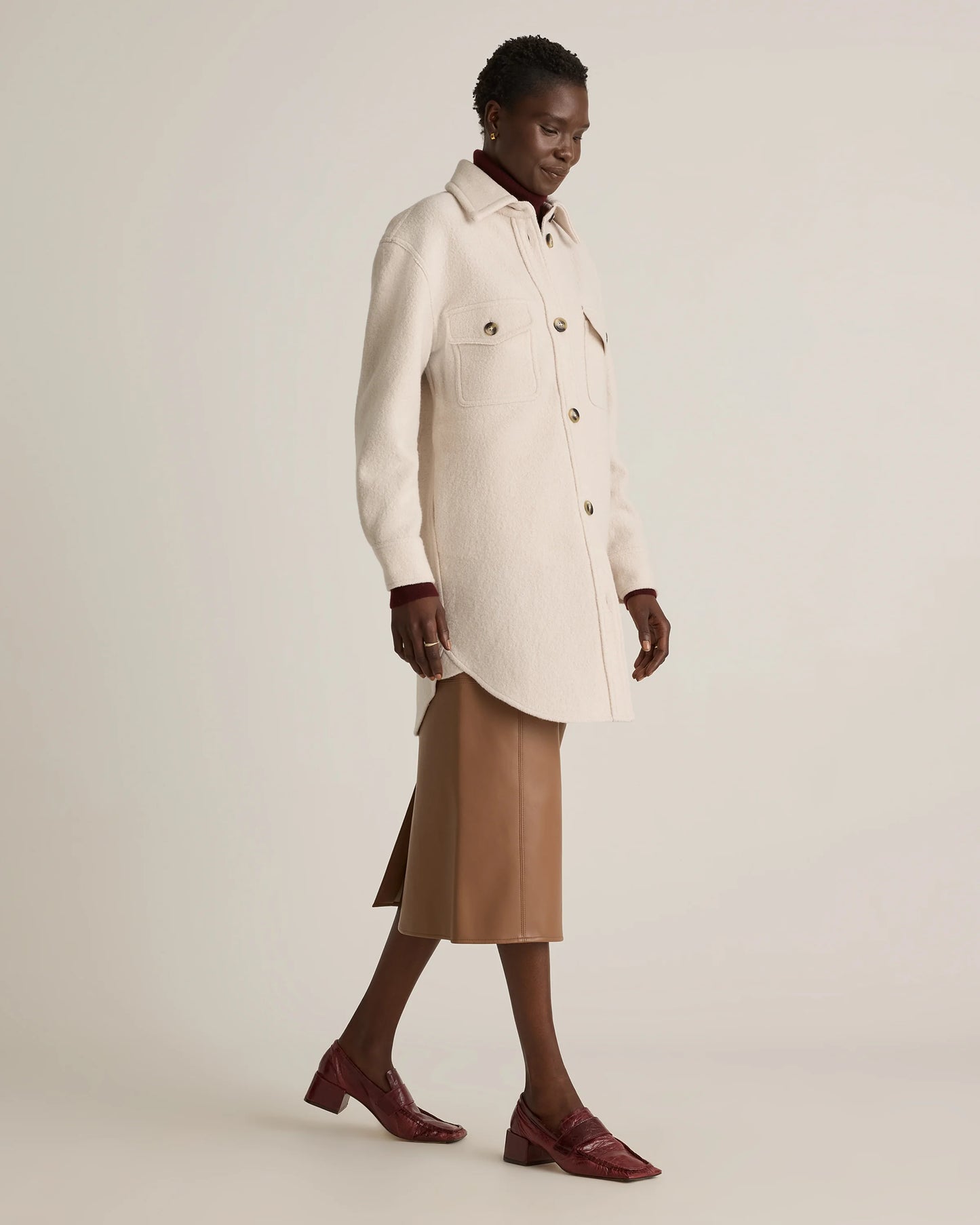 100% Merino Wool Long Shirt Jacket - XS / Heather Bone
