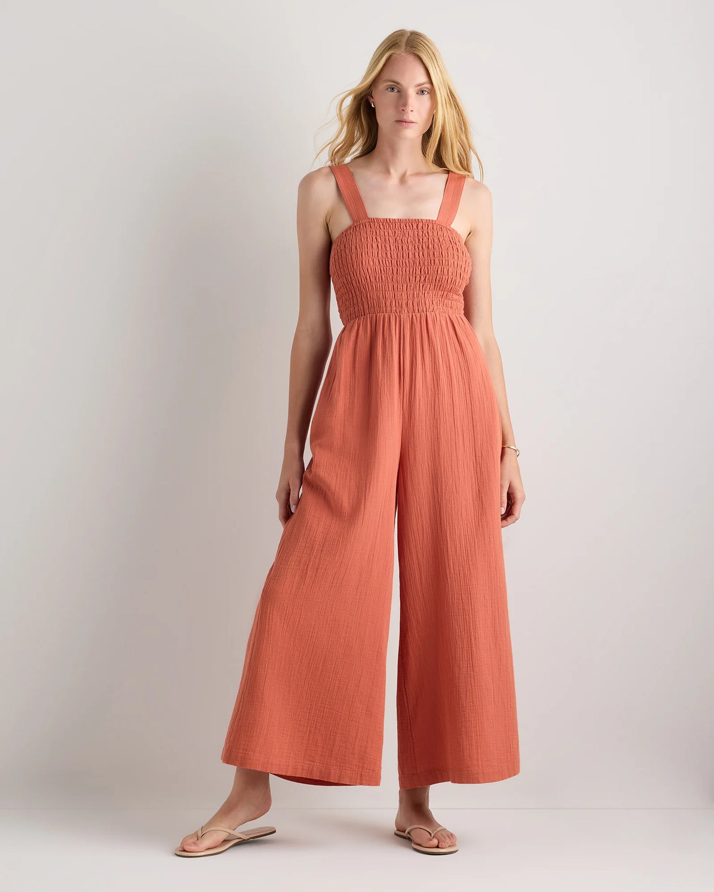 100% Organic Cotton Gauze Smocked Wide Leg Jumpsuit - XS / Spiced Orange