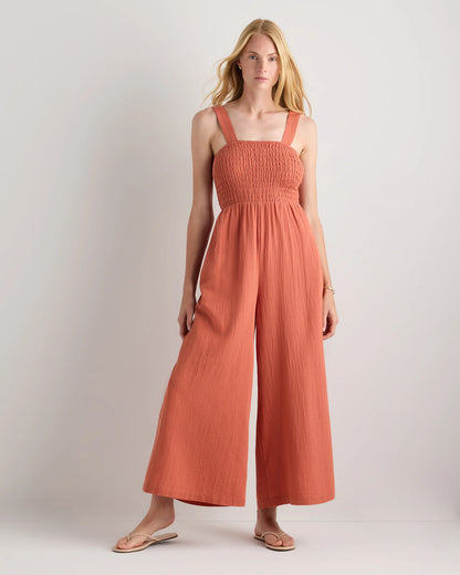 100% Organic Cotton Gauze Smocked Wide Leg Jumpsuit - XS / Spiced Orange