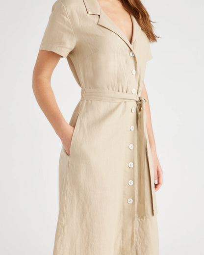 100% European Linen Button Front Dress - XS / Sky Blue Mariner Stripe