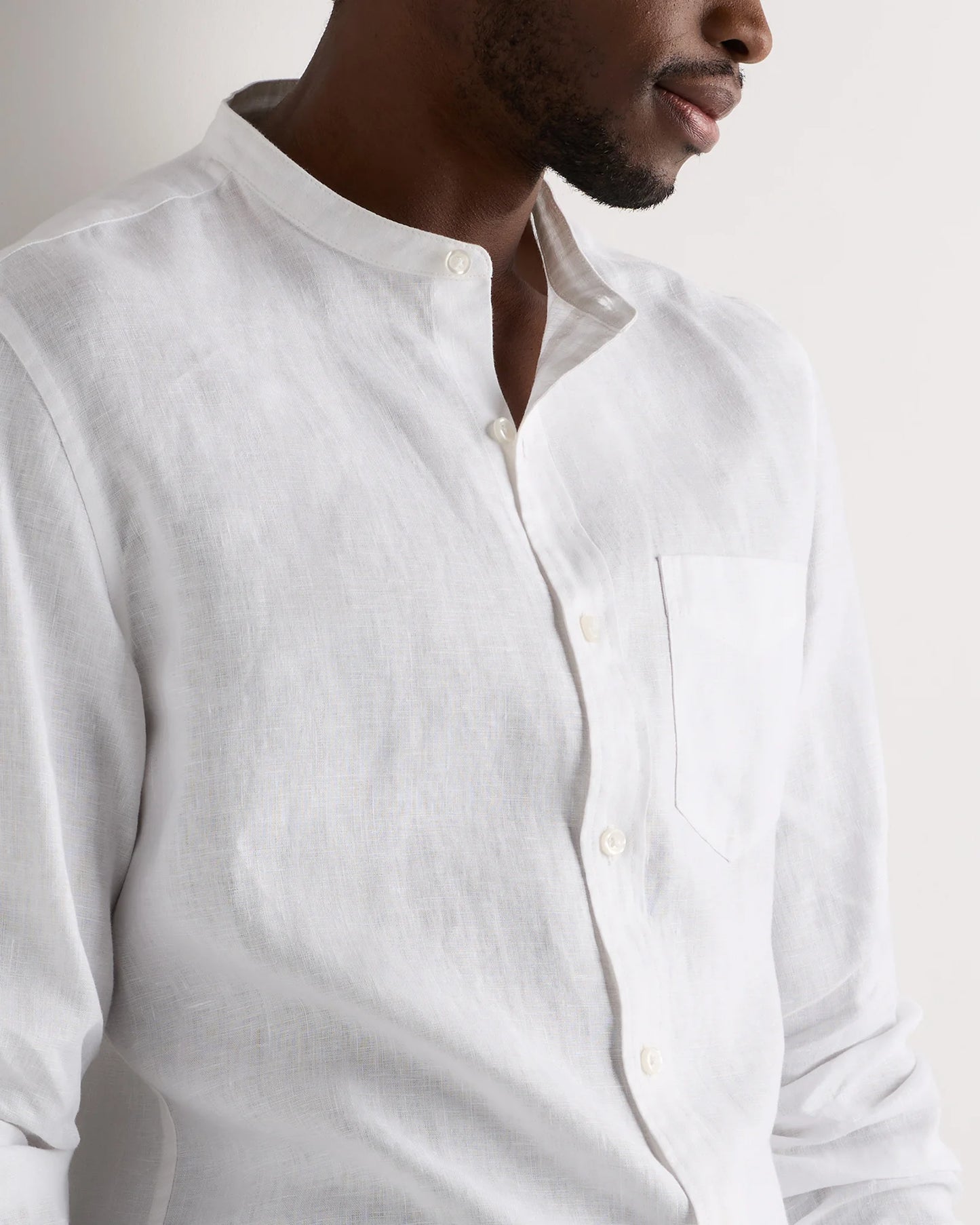 100% European Linen Relaxed Band Collar Shirt - S / White