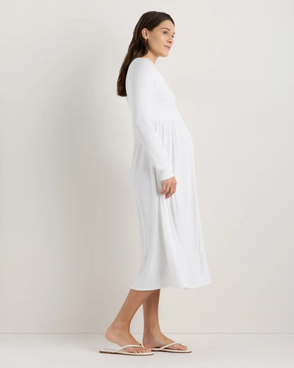 Bamboo Rib Maternity Long Sleeve Button Front Dress - XS / Classic White