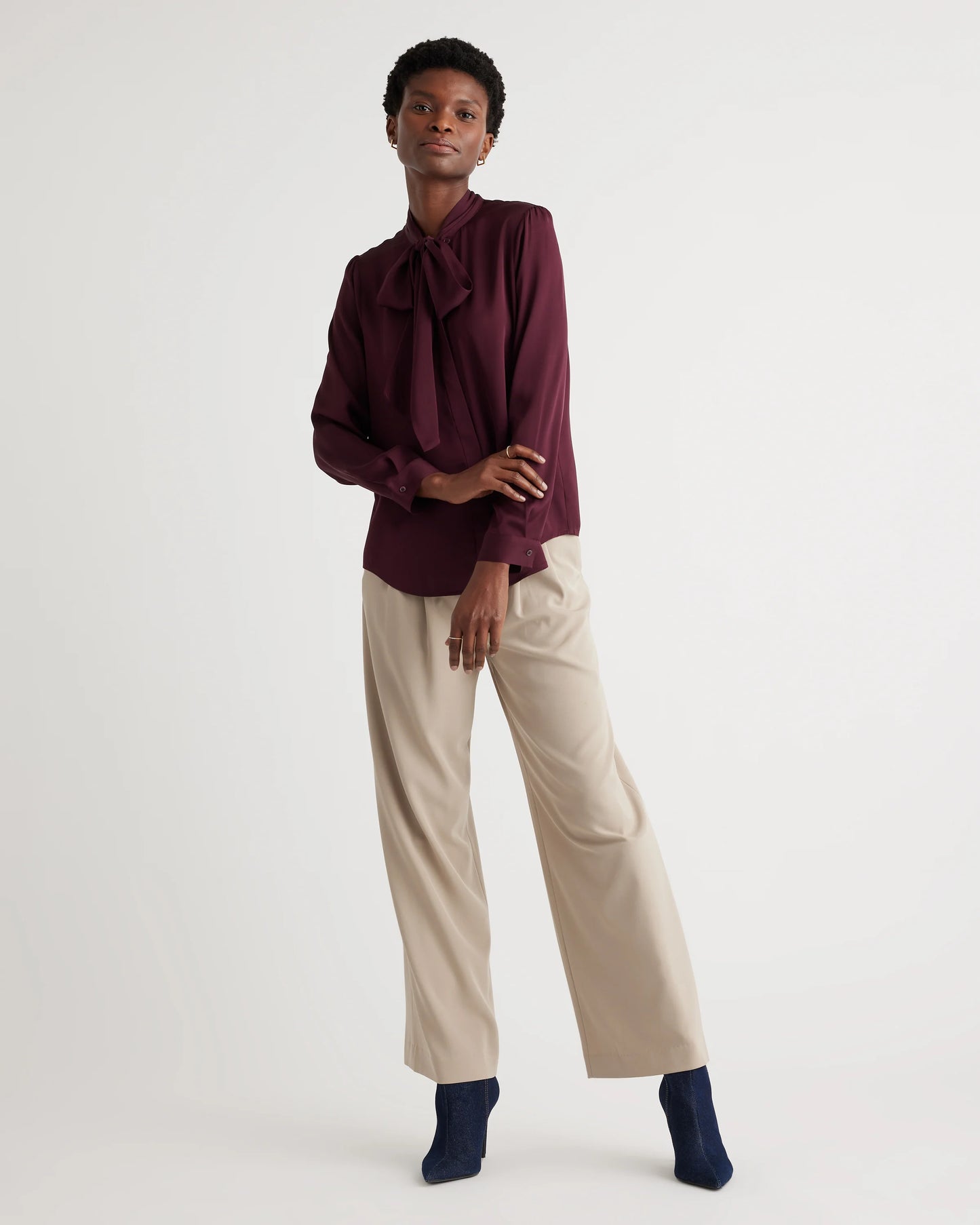 Washable Stretch Silk Tie Neck Blouse - XS / Moonstone Blue