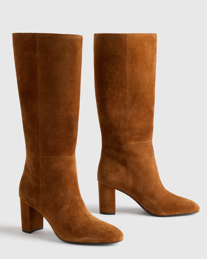Italian Suede Block Heel Boots - 5 / Espresso Brown