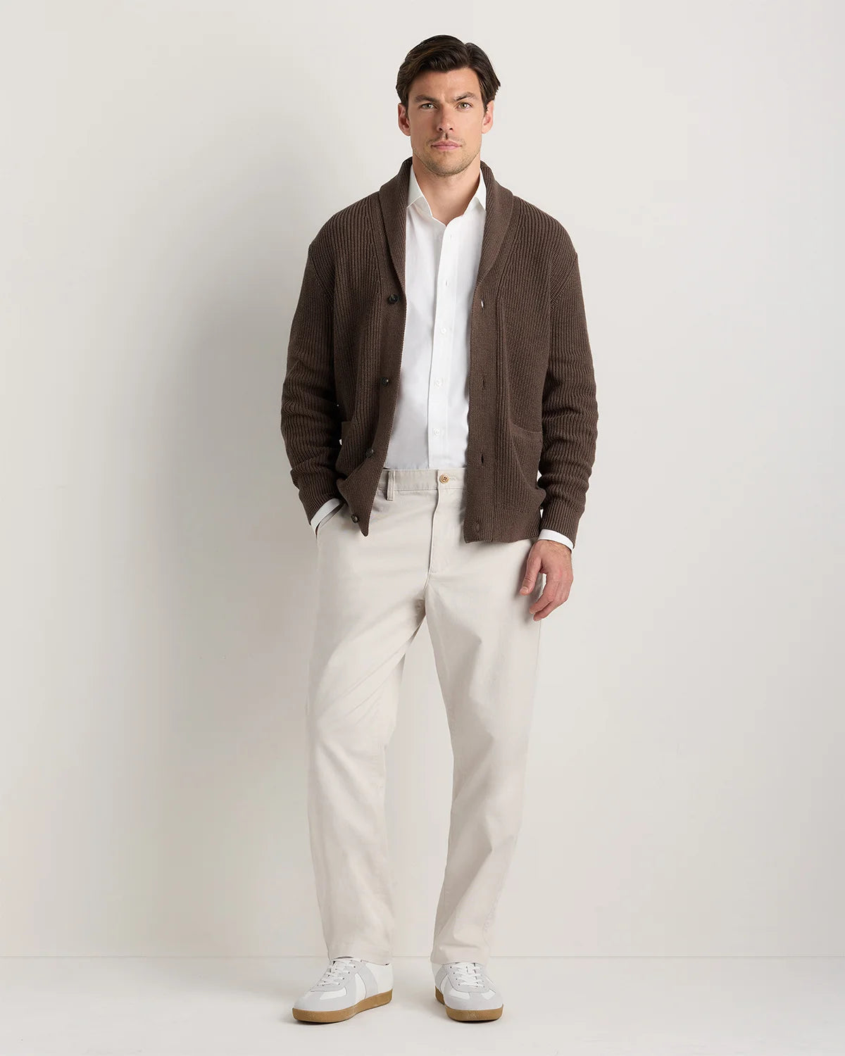 100% Organic Cotton Ribbed Shawl-Collar Cardigan Sweater - S / Bayberry Olive