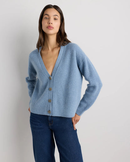 Mongolian Cashmere Fisherman Boxy Cropped Cardigan Sweater - XS / Faded Denim