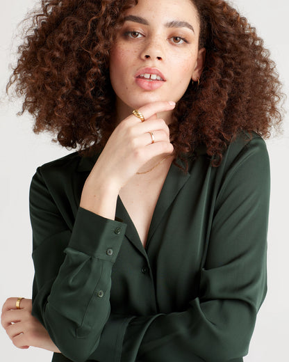 Washable Stretch Silk Notch Collar Blouse - XS / Moonstone Blue
