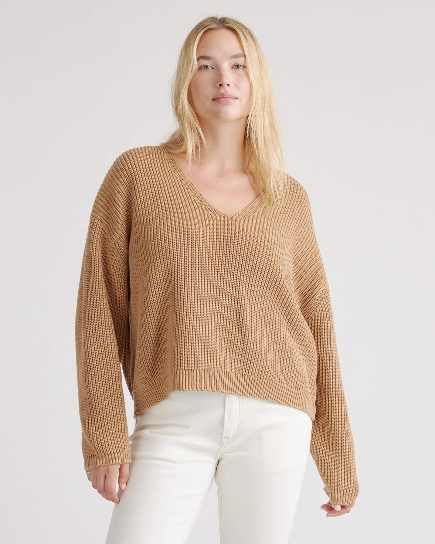 100% Organic Cotton Fisherman V-Neck Sweater - XS / Heather Brown