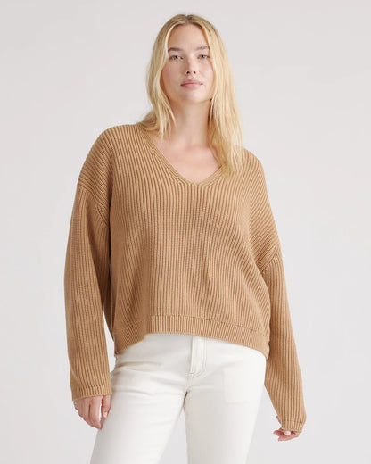 100% Organic Cotton Fisherman V-Neck Sweater - XS / Heather Brown