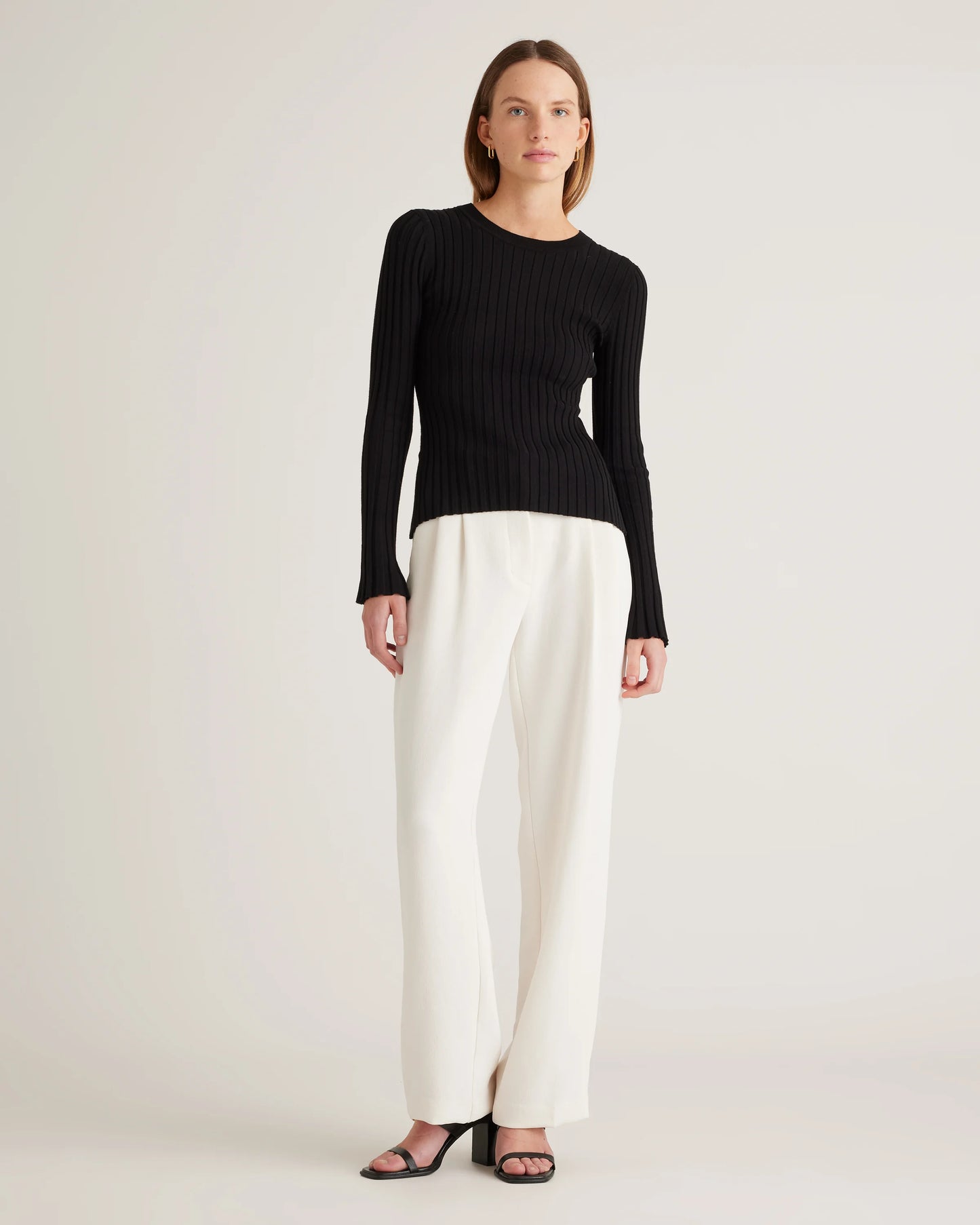 Cotton Cashmere Ribbed Long Sleeve Sweater - XS / Sugar Stone