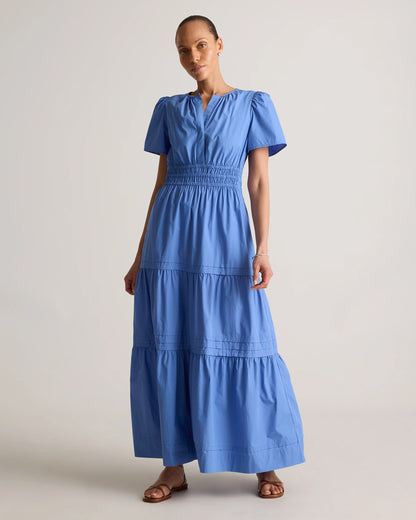 100% Organic Cotton Poplin Tiered Maxi Dress - XS / Riviera Blue Heirloom Floral