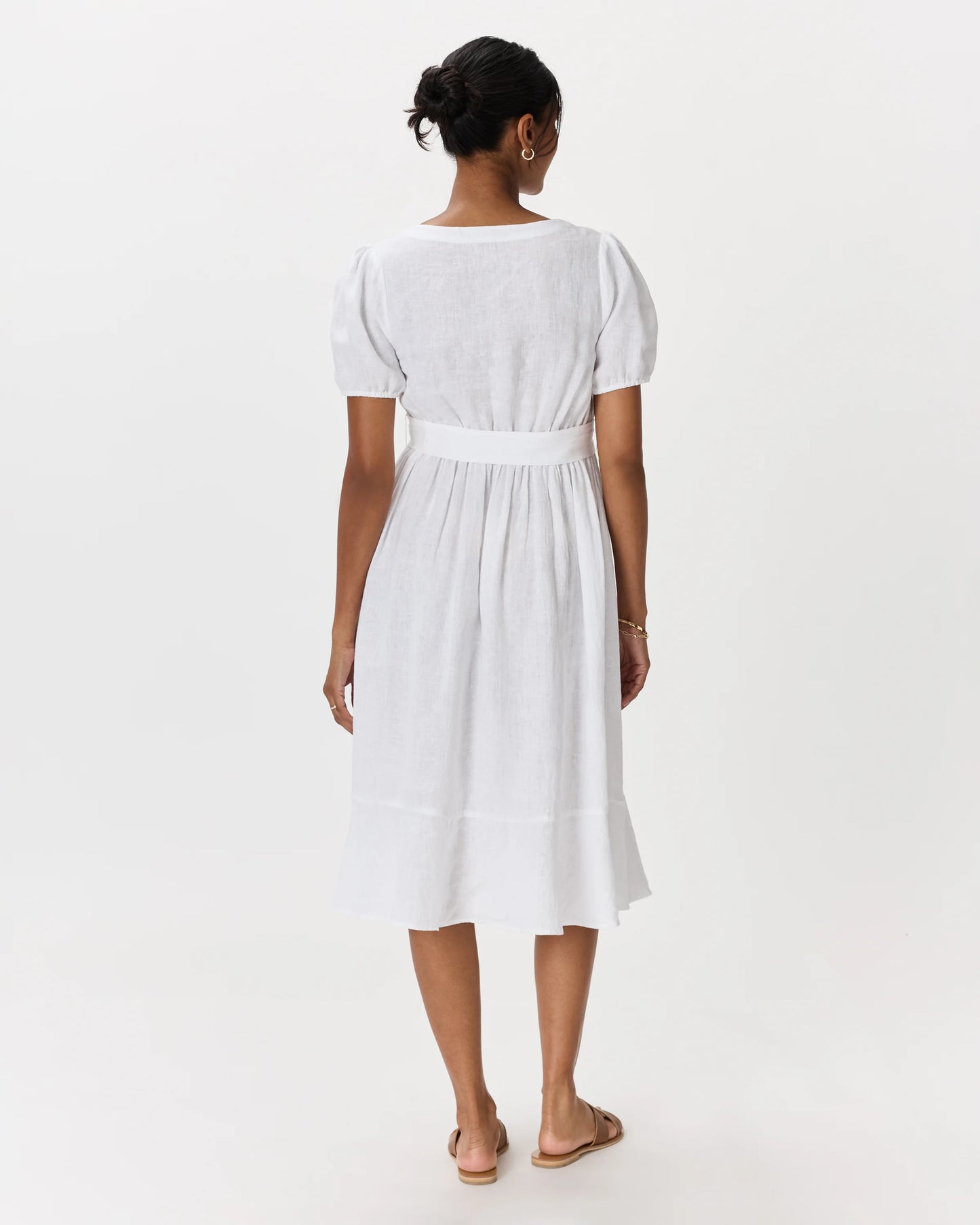100% European Linen Maternity Short Sleeve Midi Dress - XS / Ivory Porcelain Blue Petite Floral