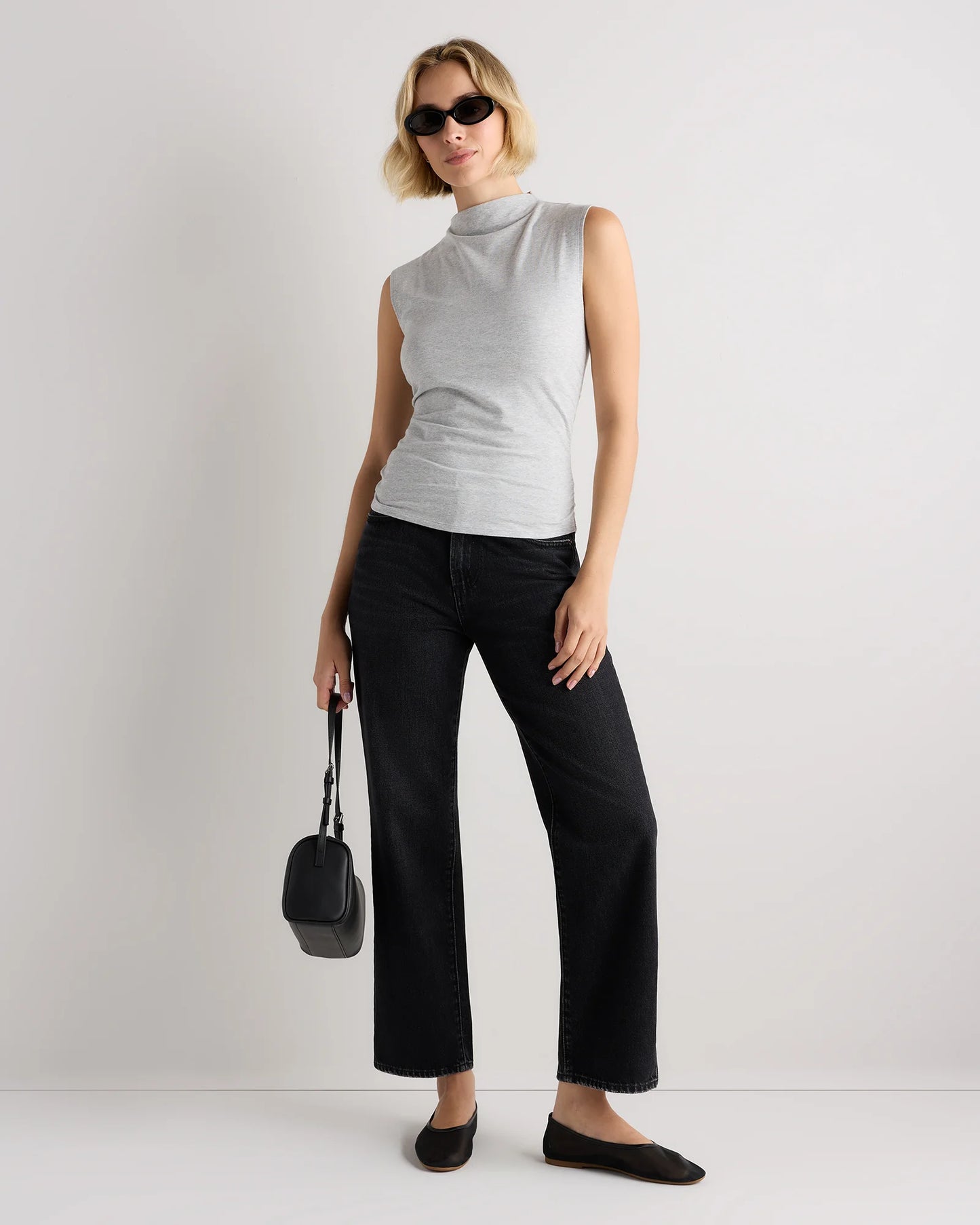 Stretch Cotton Jersey Sleeveless Mock Neck Top - XS / Heather Grey