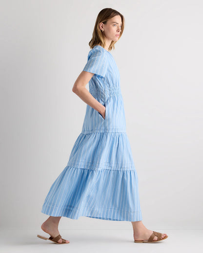 100% Organic Cotton Poplin Tiered Maxi Dress - XS / Riviera Blue Heirloom Floral