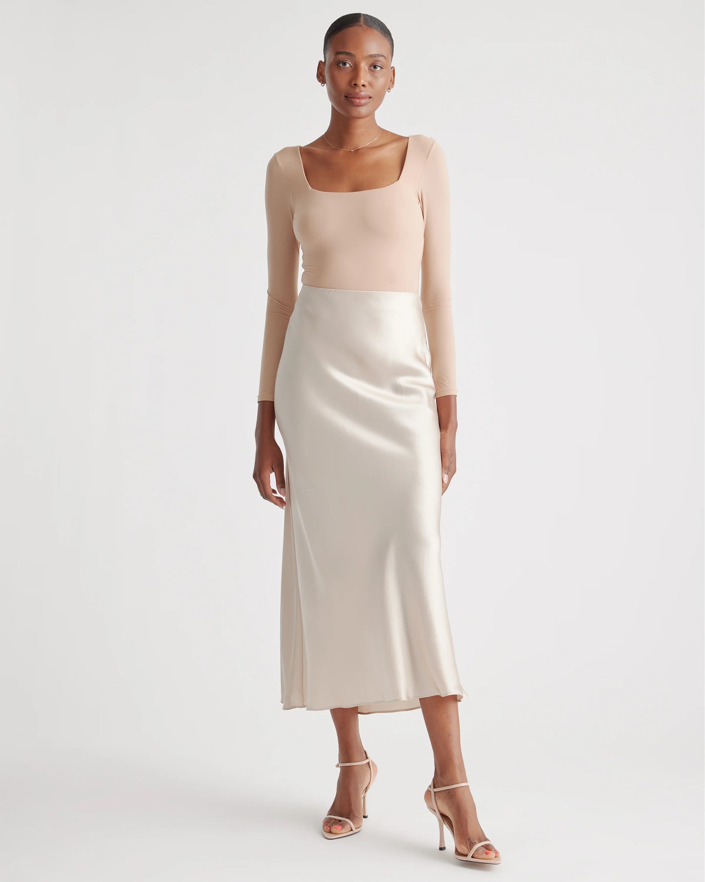 100% Washable Silk Maxi Skirt - XS / Champagne