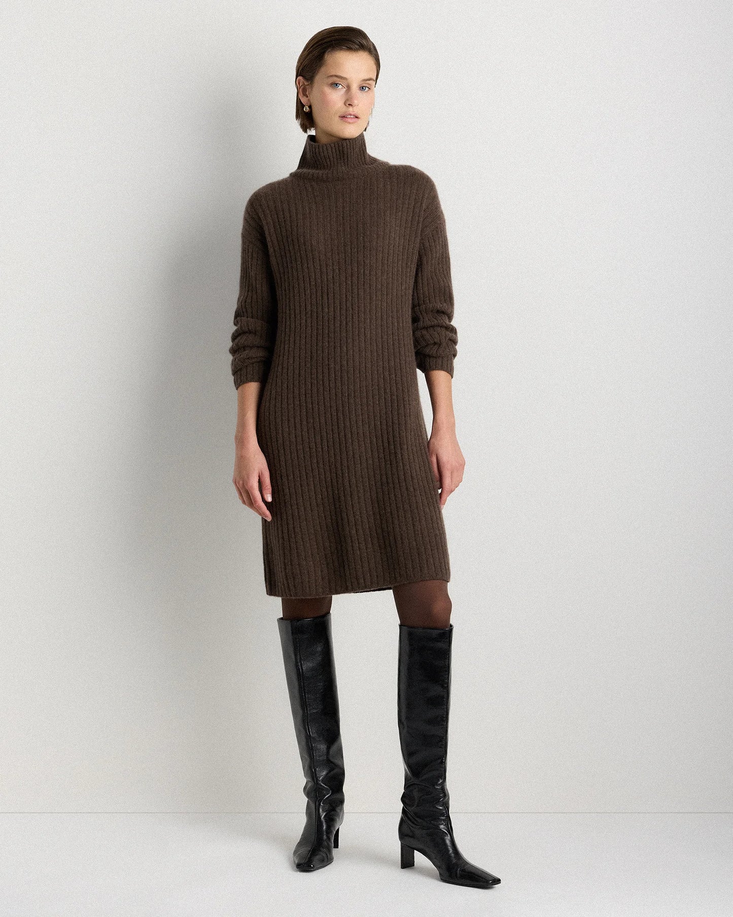 Mongolian Cashmere Ribbed Turtleneck Mini Dress - XS / Black