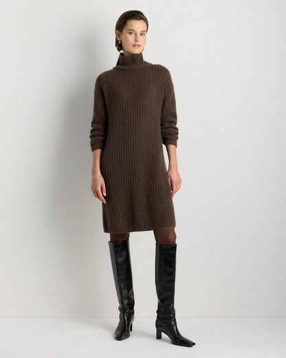 Mongolian Cashmere Ribbed Turtleneck Mini Dress - XS / Black