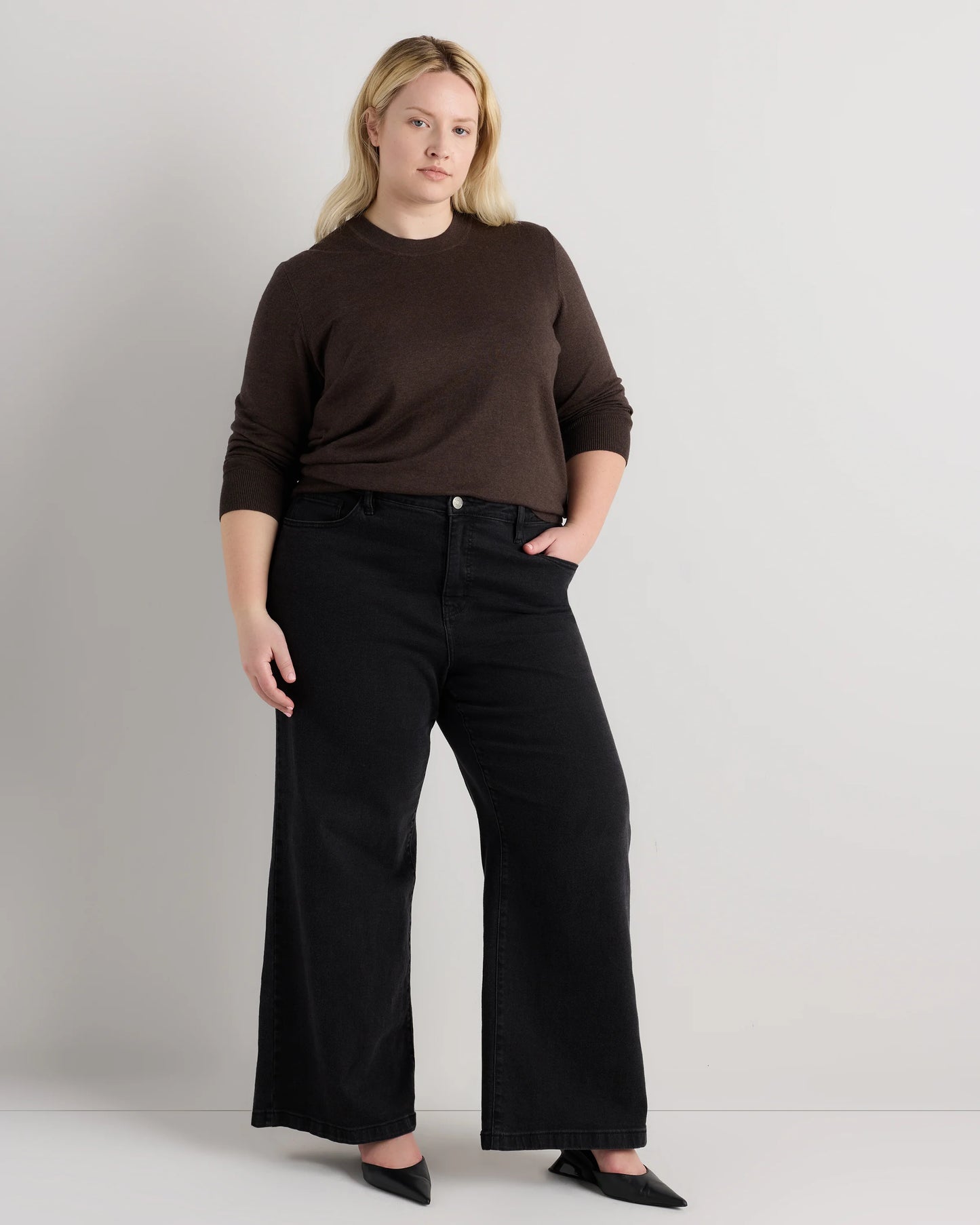 Lightweight Cotton Cashmere Crew Sweater - 1X / Black