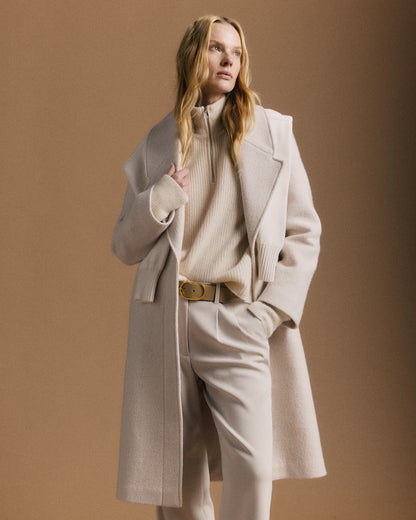 100% Merino Wool Shawl Collar Long Coat - XS / Heather Bone