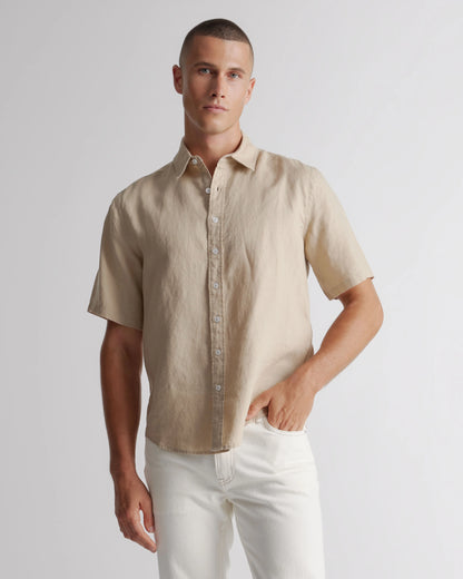 100% European Linen Relaxed Short Sleeve Shirt - XS / Taupe Brown Chambray