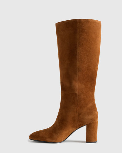 Italian Suede Block Heel Boots - 5 / Espresso Brown