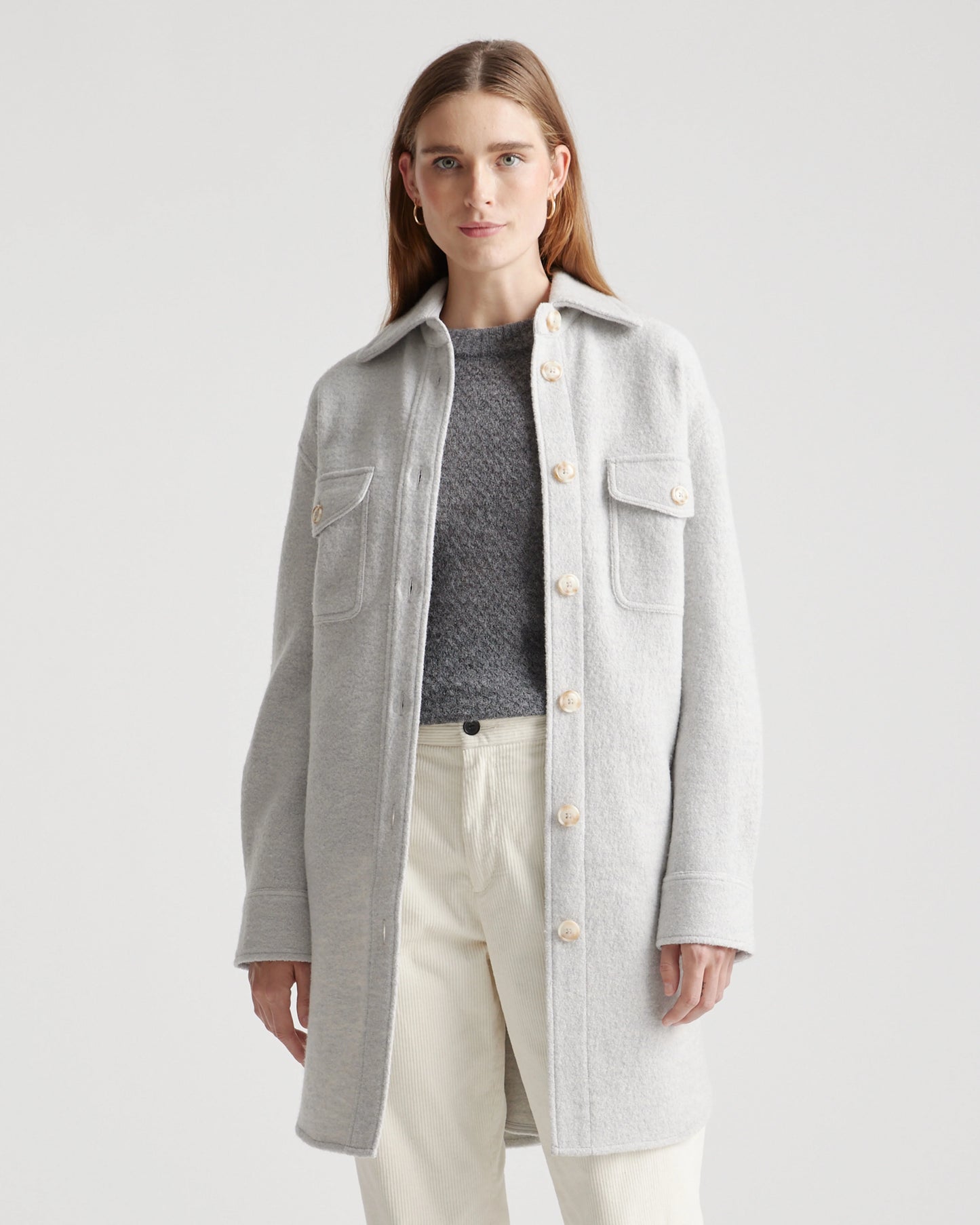 100% Merino Wool Long Shirt Jacket - XS / Heather Bone